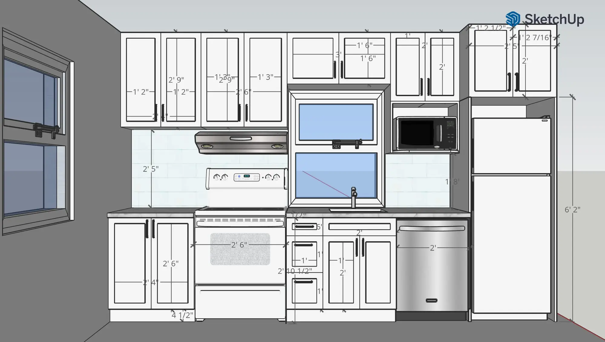 Dimensioned kitchen elevation drawing showing cabinet layout and appliance placement