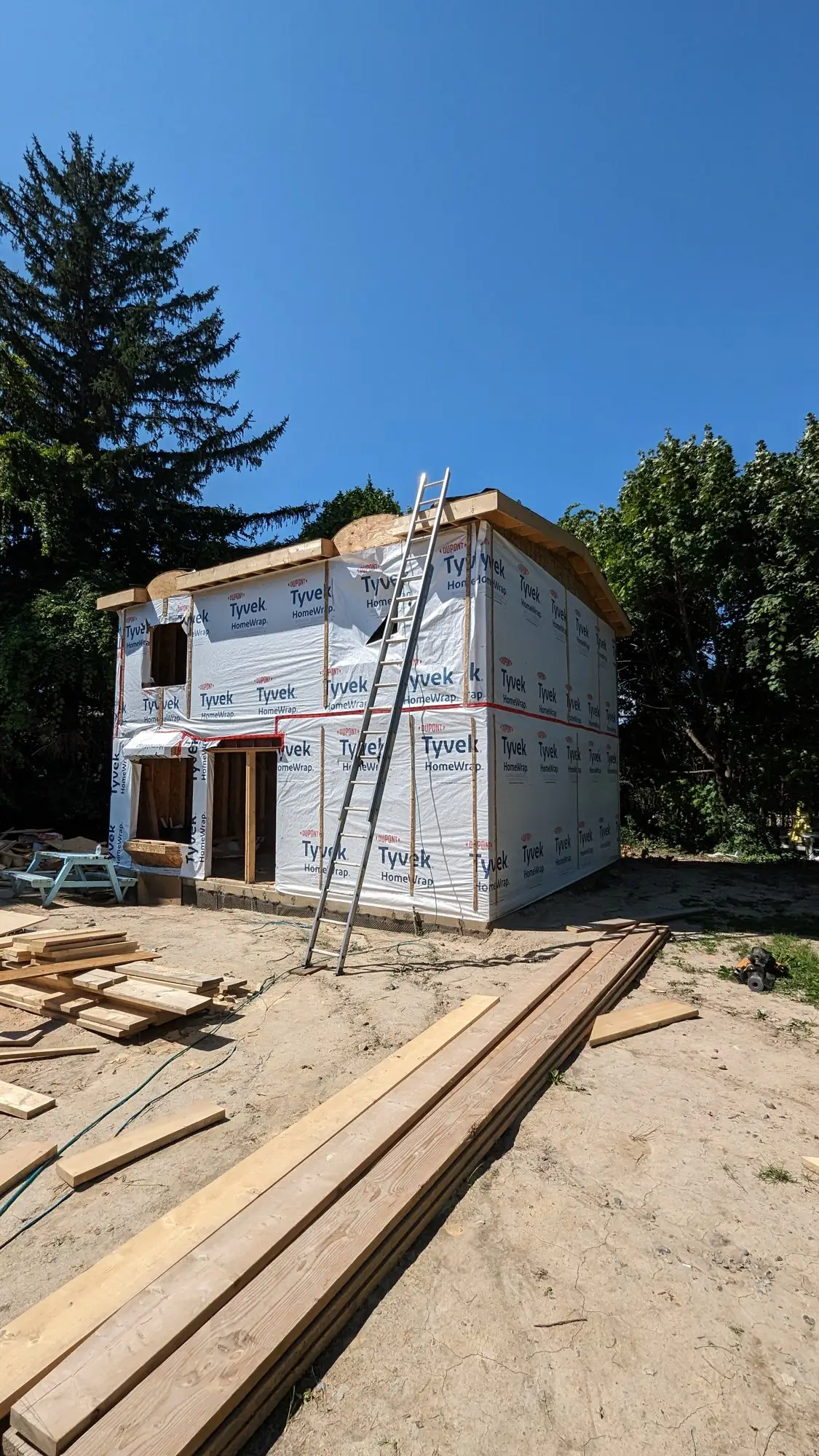 The two-storey structure framed and standing in the rear yard