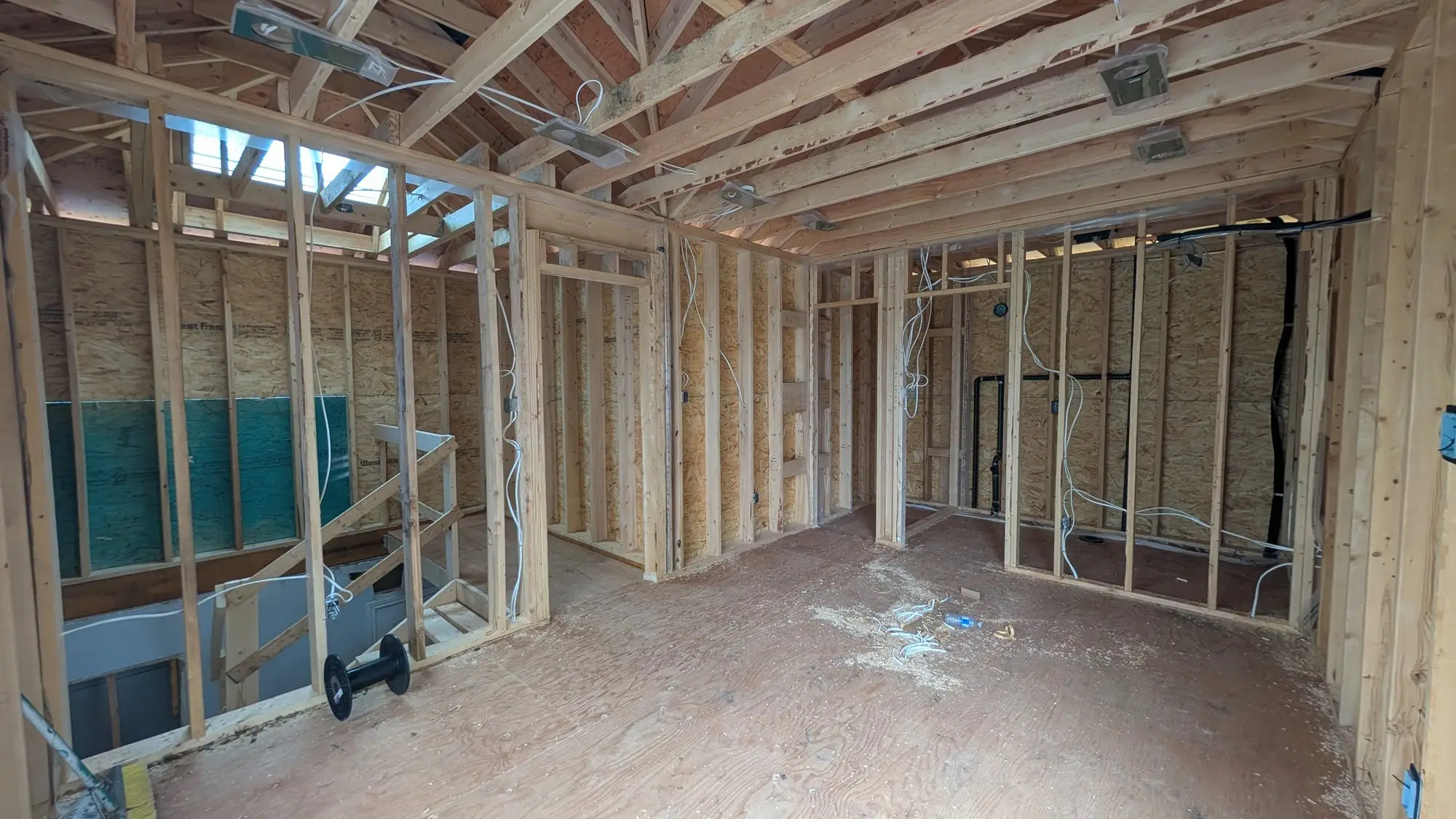 Interior partitions framed on the main floor