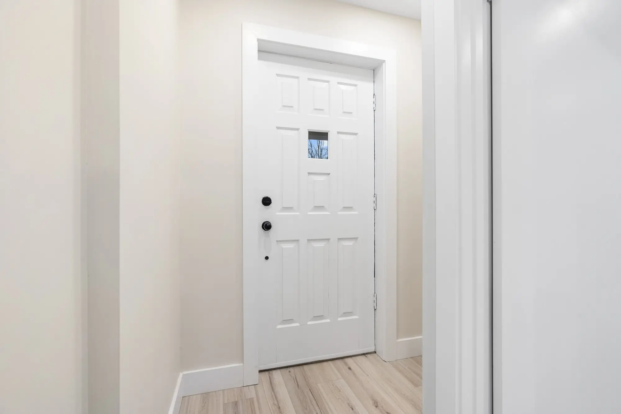 Finished front entry of the main floor unit with new door and plank flooring