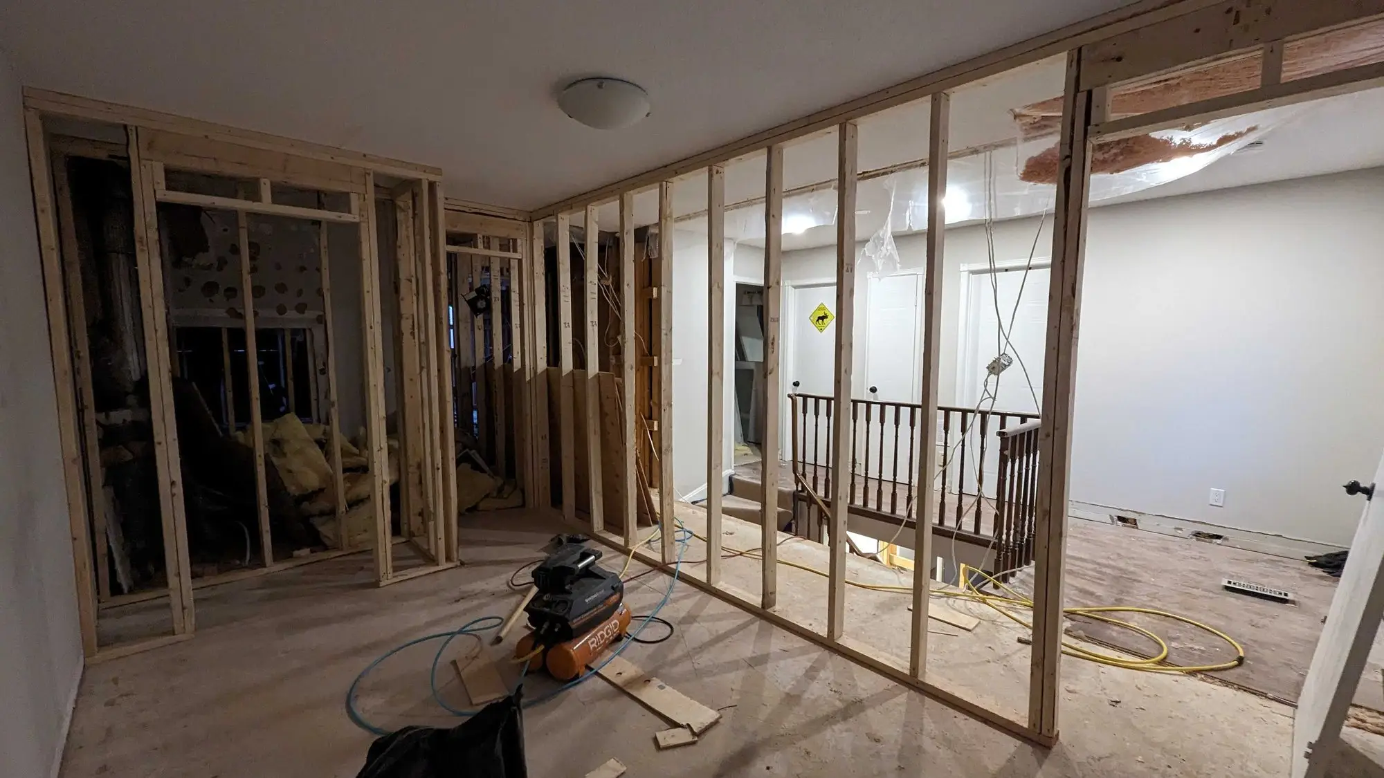 New partition framing setting out the revised layout on the main floor