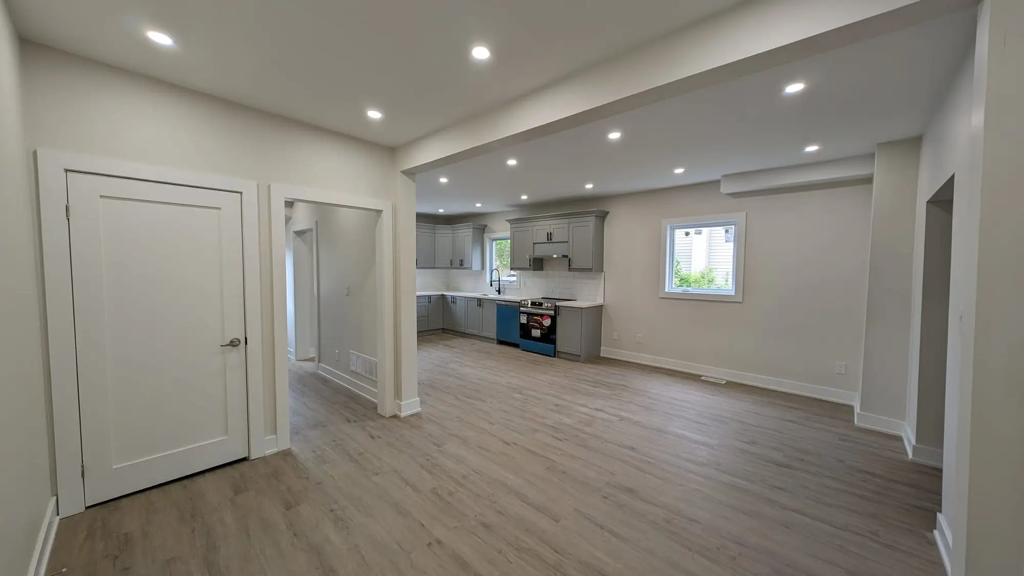 Open living space looking through to the finished kitchen