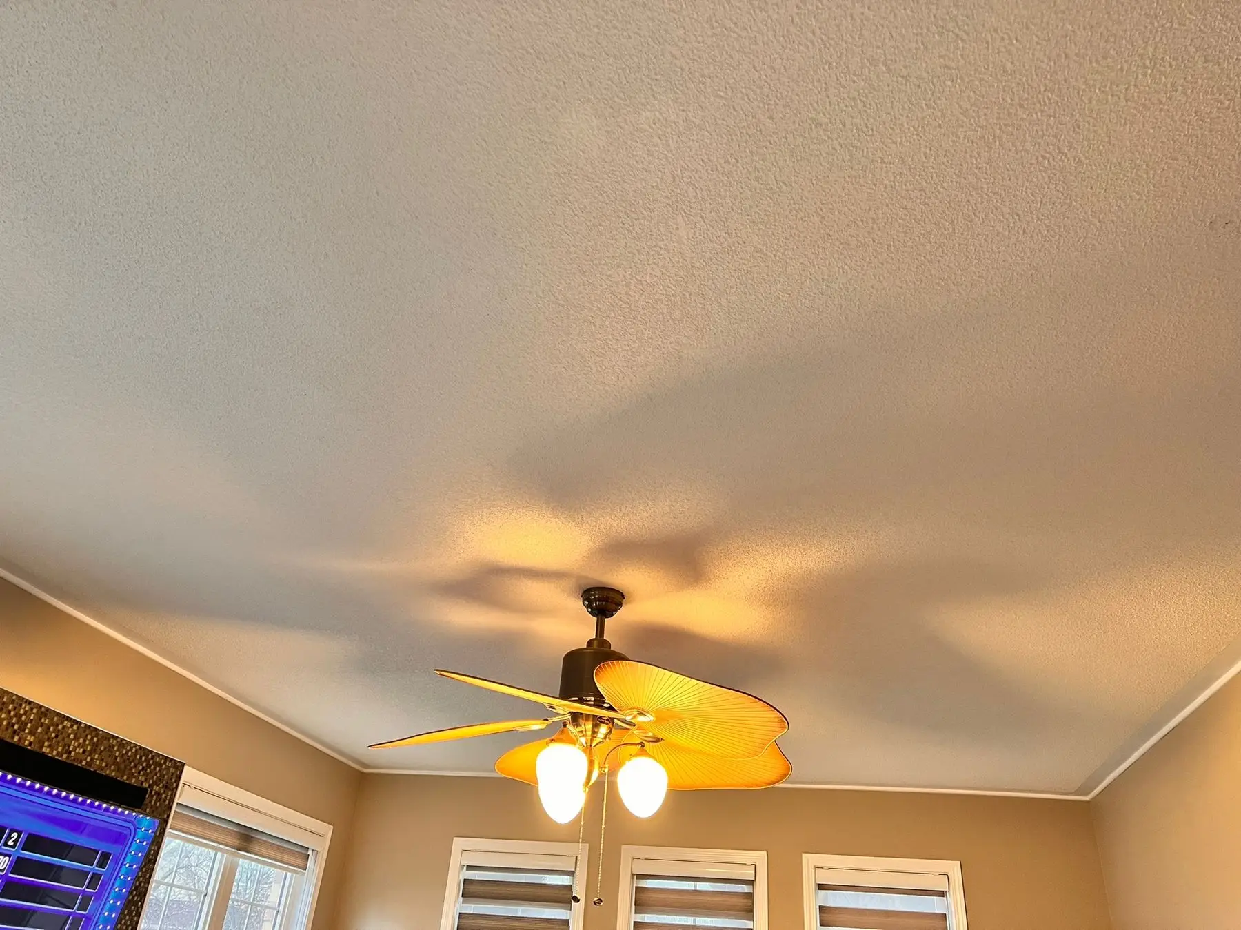 Before — Textured ceiling with a leaf-blade ceiling fan and three small windows along the wall.