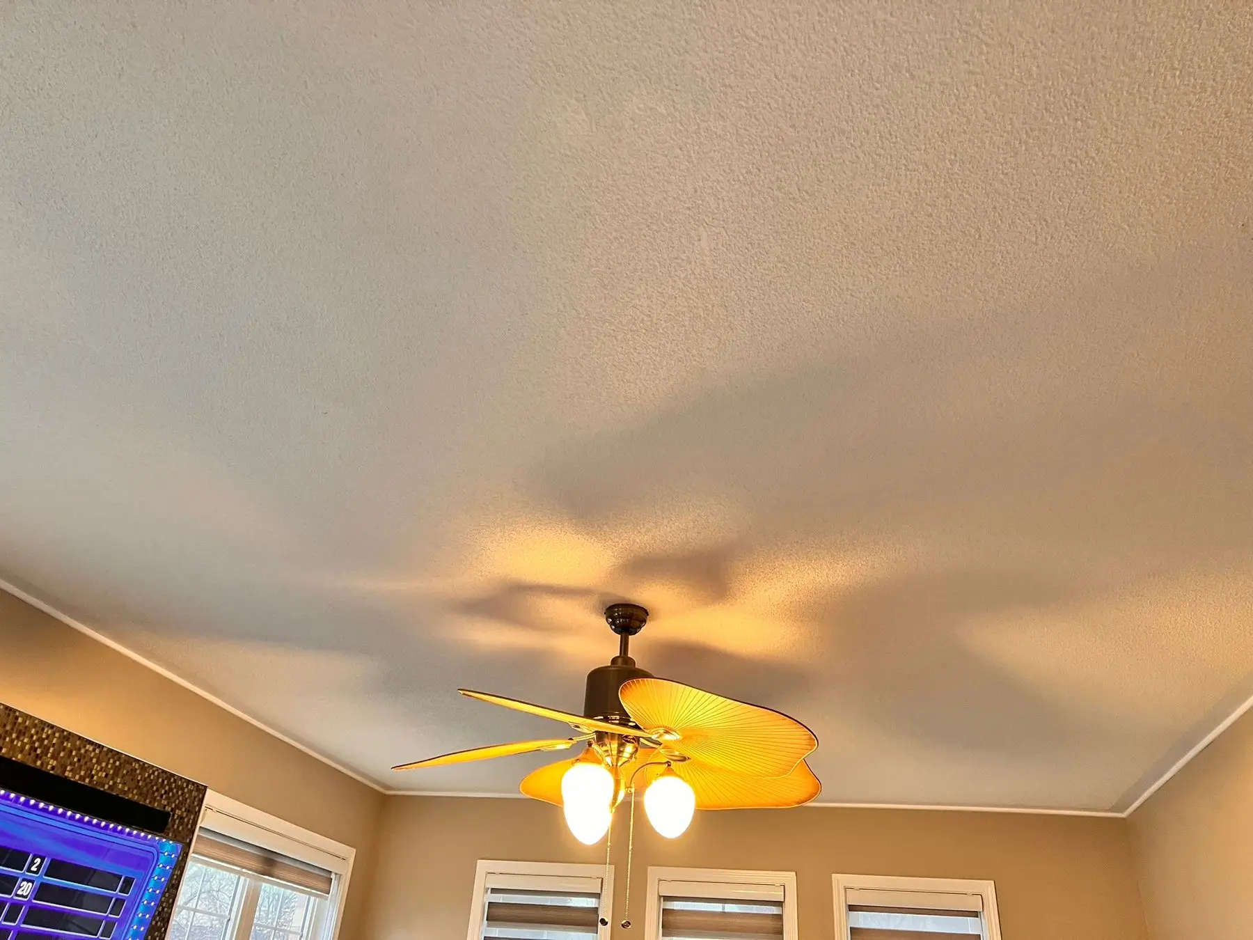 Before — Ceiling fan with leaf-shaped blades and three windows in a living space.
