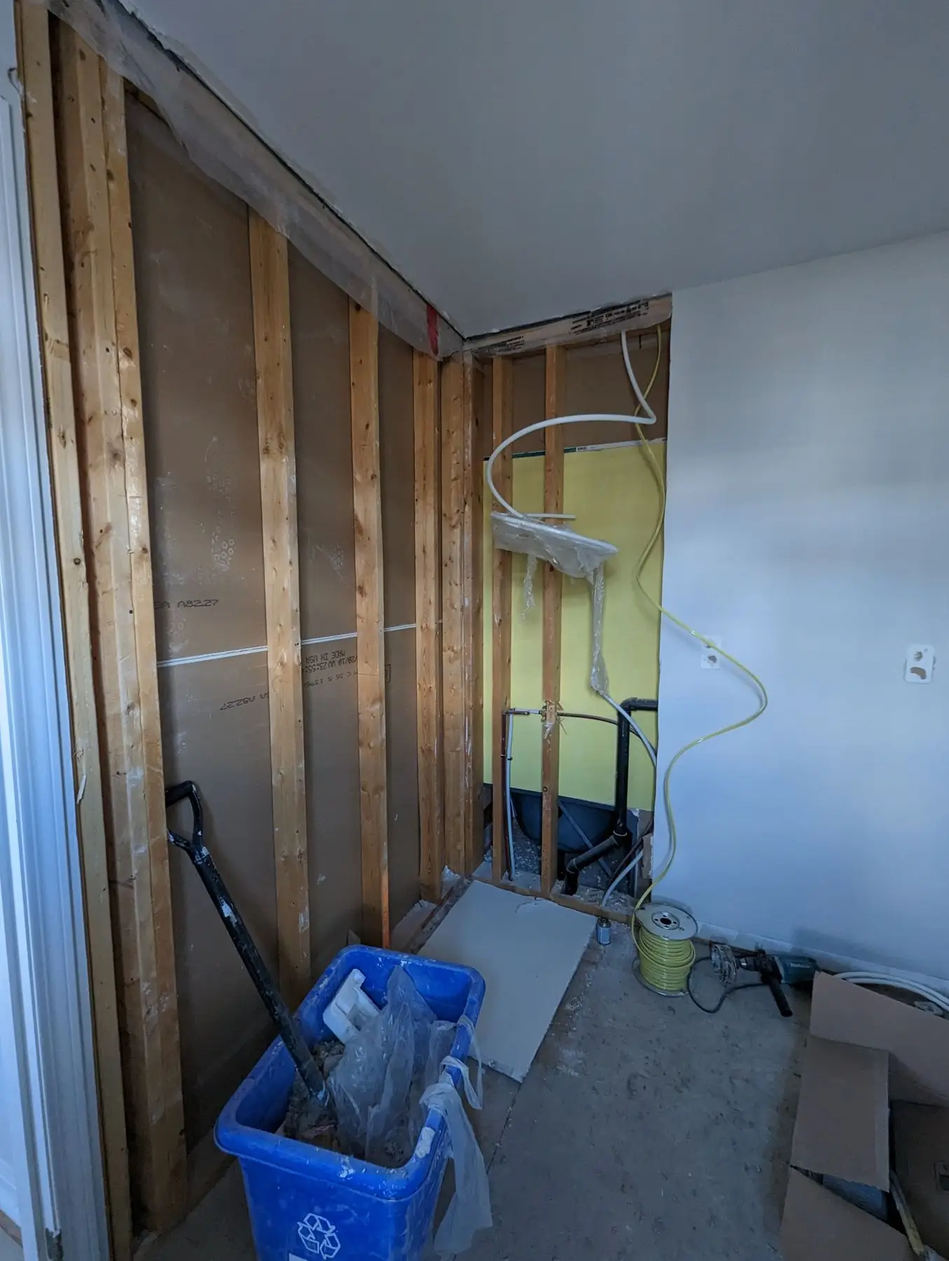 Rough-in — Bathroom remodel showing wood framing, plumbing rough-ins, and blue bin in corner view.