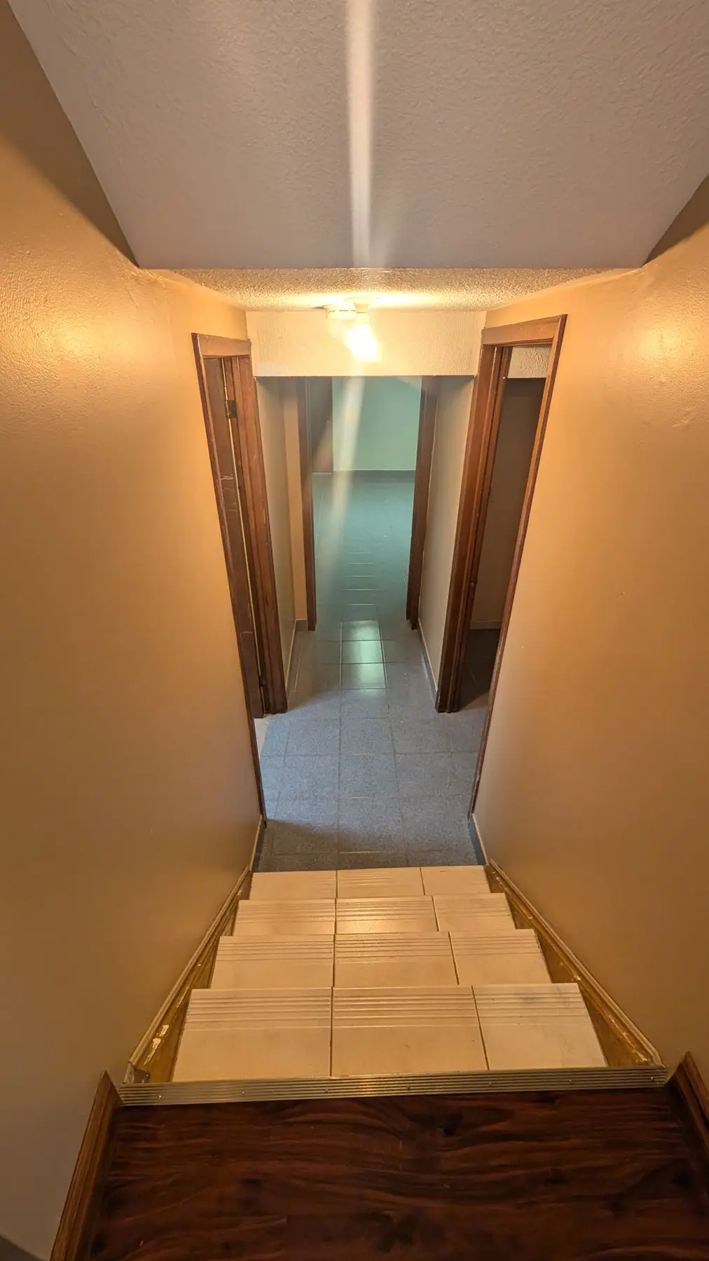 Before — View looking down tiled basement stairs into a hallway with multiple doorways.