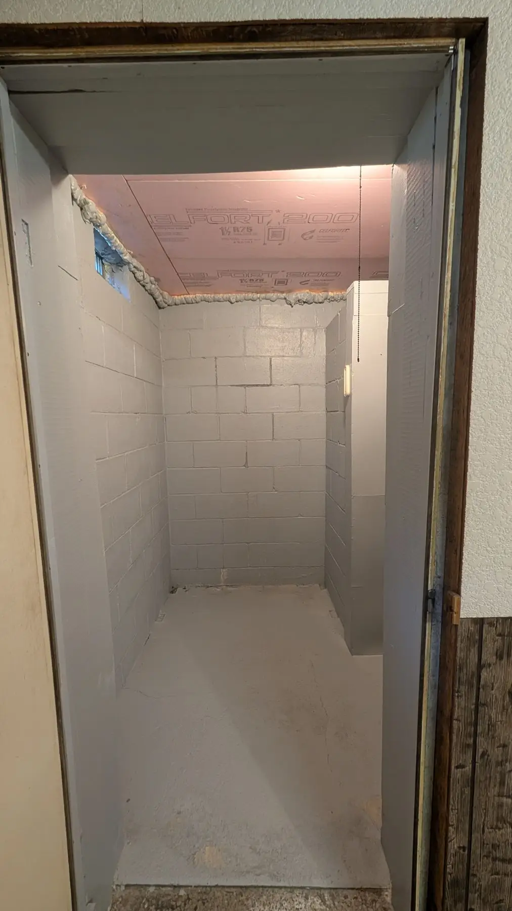 Insulation & drywall — Basement storage room view through doorway showing painted concrete block walls and foam insulation on ceiling.