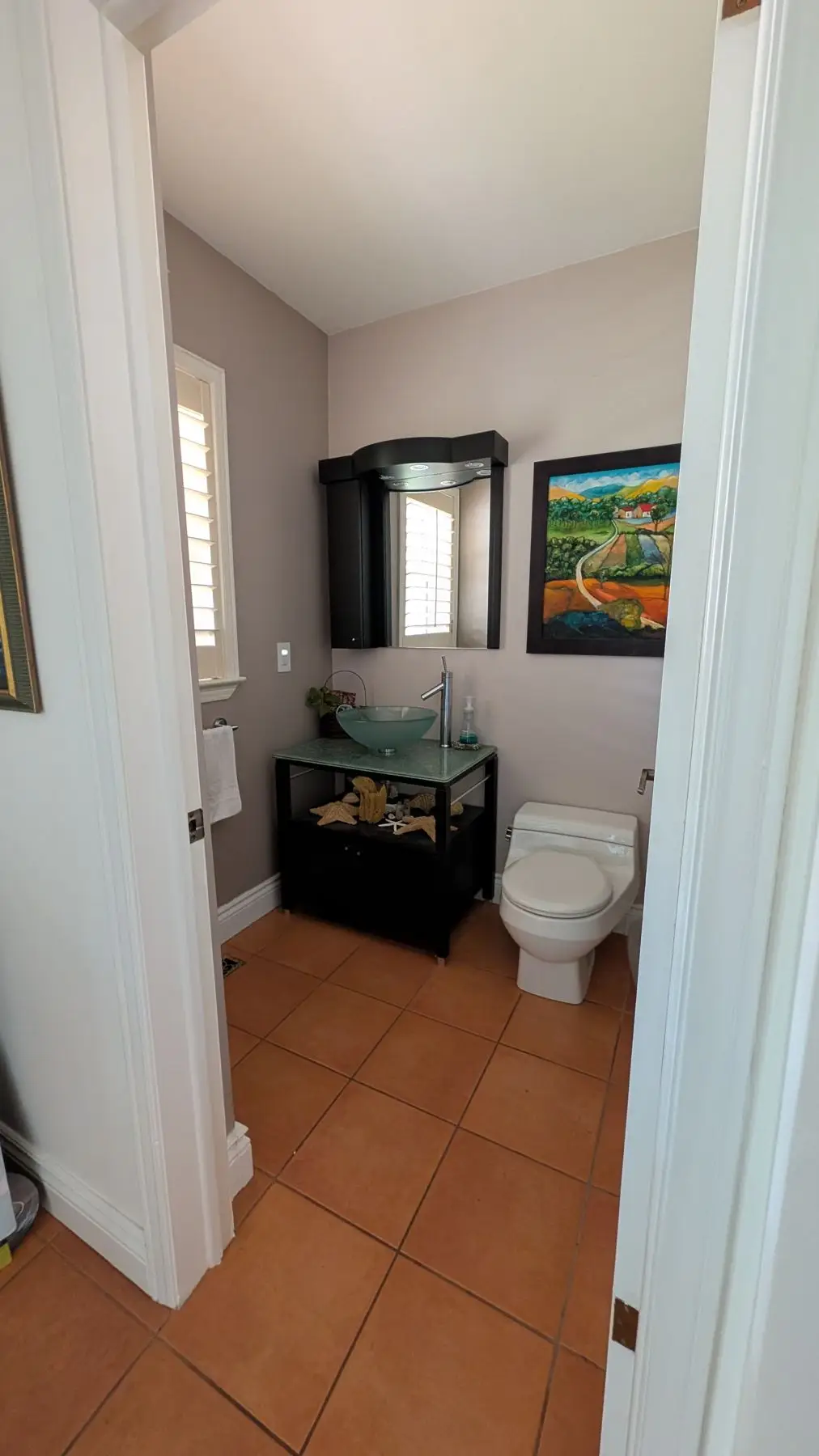 Finished — Finished bathroom viewed through a doorway showing a glass vessel sink vanity, toilet, and terracotta tile floor.