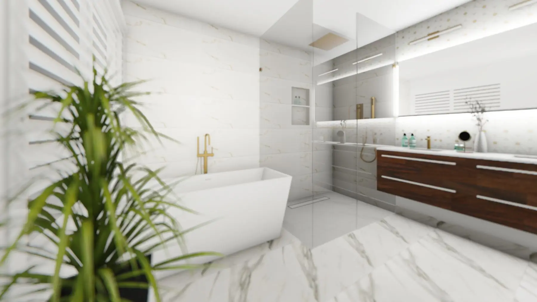 Finished — Modern finished bathroom featuring a freestanding tub, glass walk-in shower, floating vanity, and marble-look tiles.